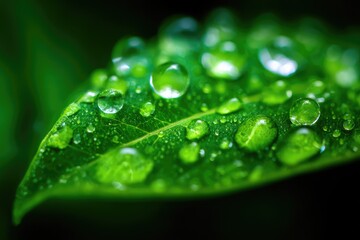 Close-up view of a leaf covered in water droplets.