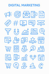 Fototapeta premium A comprehensive collection of blue line icons illustrating various digital marketing strategies and techniques.
