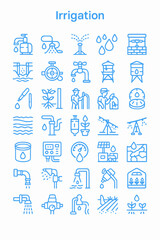 A comprehensive collection of line icons illustrating various irrigation methods and equipment.
