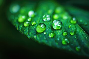 Close-up view of water droplets on a vibrant green leaf.