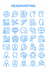 A collection of blue line icons representing headhunting and recruitment processes.