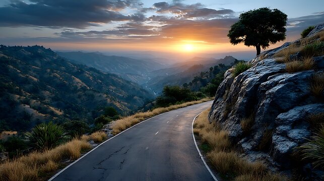 A scenic aerial shot of a smooth asphalt road passing through mountain valleys dotted with wind turbines under a golden sunset sky.