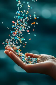 Close up side shot of microplastics lay on people hand. Concept of water pollution and global warming. Climate change idea. micro plastics concept in food and water or sea