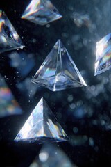 A group of clear triangular prisms floating in a dark space with bokeh and light reflections