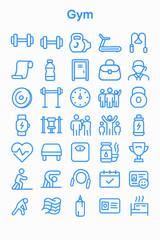 Collection of simple line art icons representing gym equipment, activities, and related items.