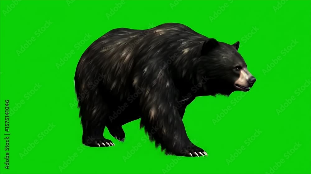 Poster 3d render of a black bear walking isolated on green screen for chroma key composting and visual effe