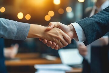 Close-up of two people shaking hands in a professional setting symbolizing agreement and cooperation with blurred warm lights in the background