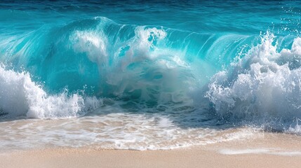 A turquoise wave crashes on a sandy shore.