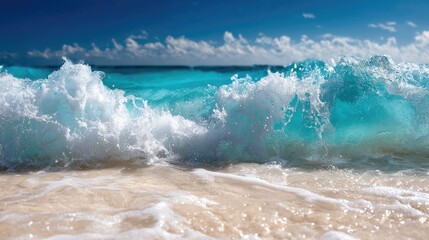 Turquoise waves crash on a sandy shore.