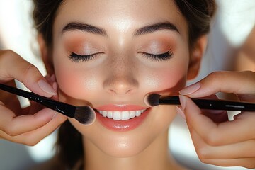 Close-up of a woman with flawless skin smiling gently with eyes closed while two makeup brushes apply blush to her cheeks under soft natural lighting
