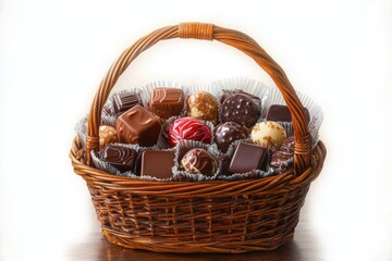 Assorted variety of chocolate bonbons and truffles neatly arranged in a woven basket with paper liners, evoking a sense of indulgence and gift-giving