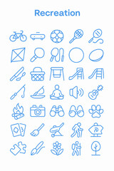 Collection of blue line icons depicting various recreational activities, including sports, hobbies, and outdoor pursuits.