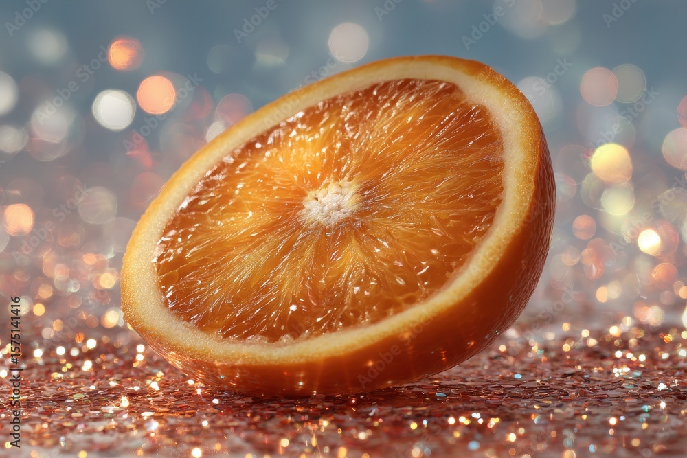 Poster a close up of a half orange with a bokeh background and glittery surface underneath it nicely lit up