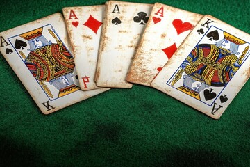 Five worn playing cards fanned out on a green felt surface showing four aces and one king, evoking a vintage gambling atmosphere