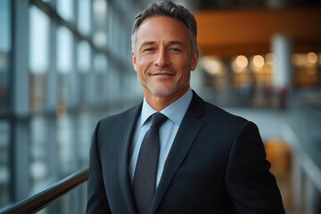 Confident middle-aged businessman smiling in modern office environment wearing black suit and tie with blurred background