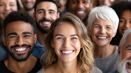 Diverse group of people smiling and laughing.