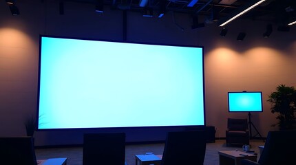 Blank blue screen in conference hall.