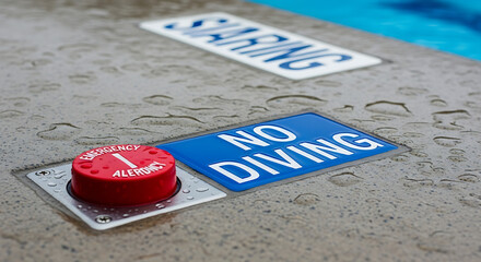 Close-up of a pool deck with warning signs and a red button.