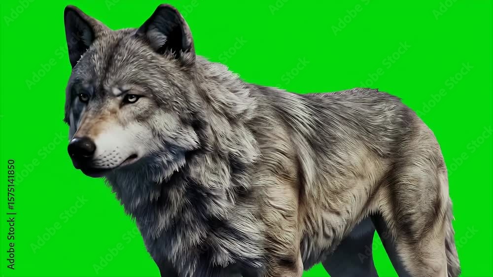 Poster 3d render of a gray wolf covered in snow isolated on a green screen with chroma key for digital comp