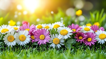 A magical spring meadow with colorful flowers blooming under soft golden light.