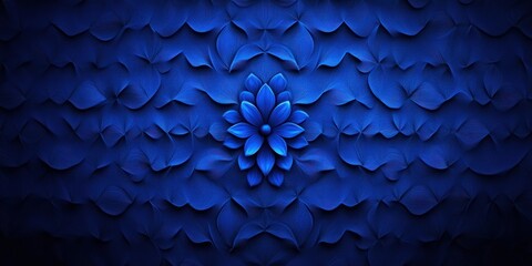 abstract pattern of layered blue petals forming a central flower shape on a textured dark blue background evoking depth and calmness