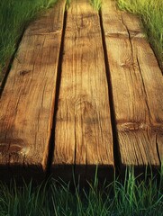 Close-up of three rustic wooden planks lying on lush green grass with detailed wood grain and warm sunlight casting soft shadows