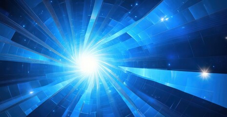 Fototapeta premium Radiant blue light beams converging towards a bright central point in a futuristic tunnel-like structure with a starry background, evoking a sense of energy and motion