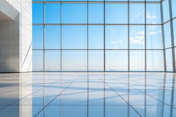 Spacious empty modern room with large floor-to-ceiling windows letting in bright natural light and offering a clear view of distant city skyline under blue sky