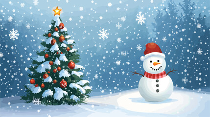 Festive Snowman and Christmas Tree Under Snowfall Flat Image
