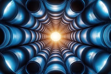 View looking upward inside a cylindrical structure composed of repeating blue metal pipes converging towards a bright light source at the center, evoking a sense of depth and infinity