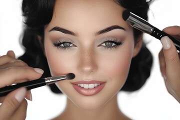 close-up of a young woman with flawless skin and light makeup smiling softly while two hands apply makeup with brushes on her face against a white background