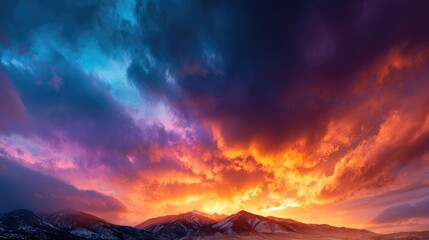 A dramatic sunset with vibrant clouds over a mountain range.