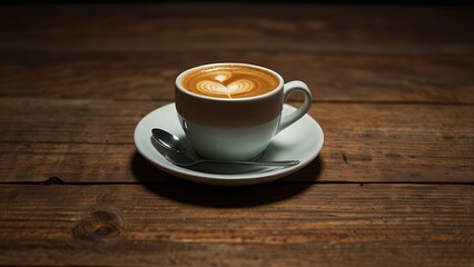 Fototapeta premium Cup of cappuccino with heart latte art on wooden surface, cozy atmosphere