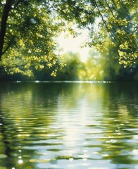 Tranquil view of a sunlit forest reflected on calm rippling water beneath lush green tree branches