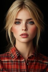 Close-up portrait of a young woman with blonde hair, pale skin, blue eyes, wearing a red plaid shirt against a black background, showing calm and confident expression