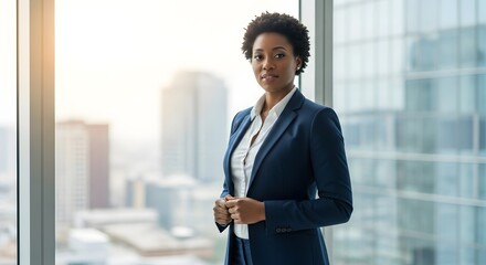 Confident woman in a blue suit stands before a window with a city view