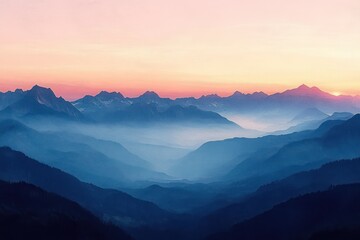 Tranquil sunrise over layered mountain ranges shrouded in mist with soft pastel sky colors creating a peaceful and serene atmosphere