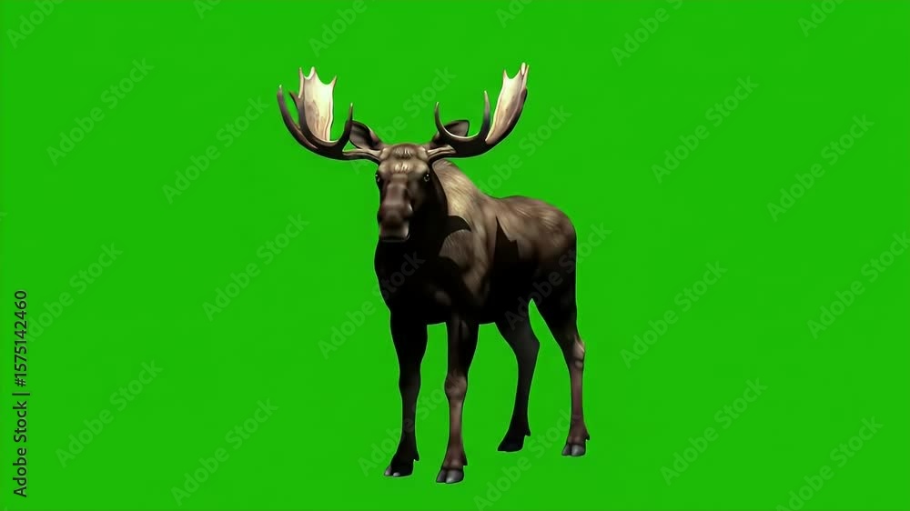 Poster 3d render of a moose with detailed antlers standing isolated against a green screen chroma key backg