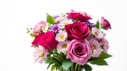 beautiful bouquet of pink roses and daisies on white background.