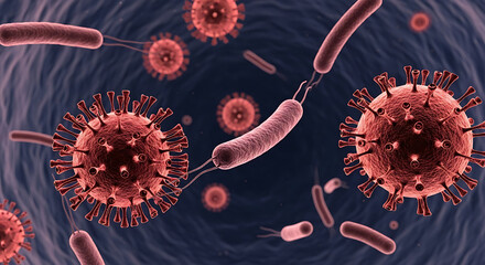 Microscopic view of viruses and bacteria within a blood vessel, illustrating infection and disease.