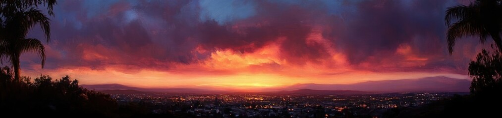 Obraz premium Vibrant sunset with bright orange and purple clouds above a sprawling cityscape surrounded by silhouetted trees and palm fronds, evoking a peaceful evening atmosphere