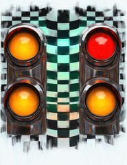 Abstract artistic rendering of two traffic lights with glowing red and yellow signals against a blurred checkerboard patterned background