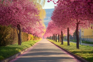 Peaceful pathway lined with blossoming pink cherry trees on a sunny day with light shadows and distant hills