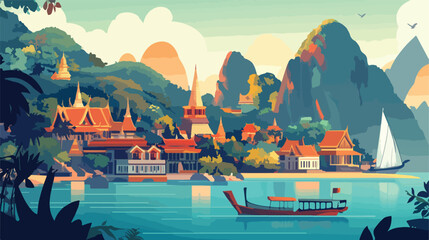 Colorful Thailand Travel Set Flat Vector Illustration