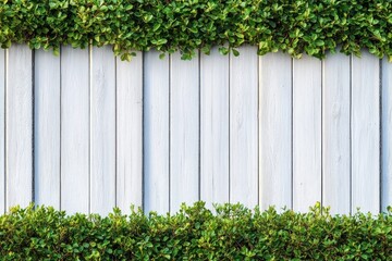 Fototapeta premium Close-up view of neatly trimmed green hedges framing a white wooden fence with vertical planks under natural daylight