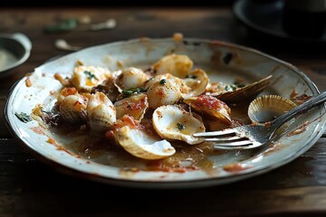 Empty plate with leftover cooked clams in tomato sauce and herbs with fork on wooden table in rustic setting