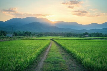 Fototapeta premium Sunny sunset over green rice fields with a narrow dirt path leading towards distant mountains under partly cloudy sky
