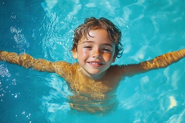 Smiling young child enjoying swimming in a bright clear blue pool with arms stretched wide in warm sunlight