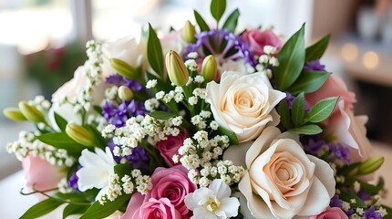 Beautiful wedding bouquet with roses lilies and other flowers.