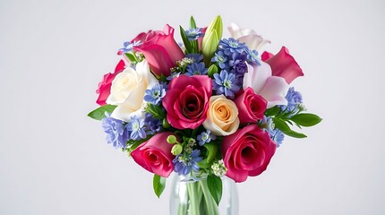 Bouquet of flowers in a vase on a white background.